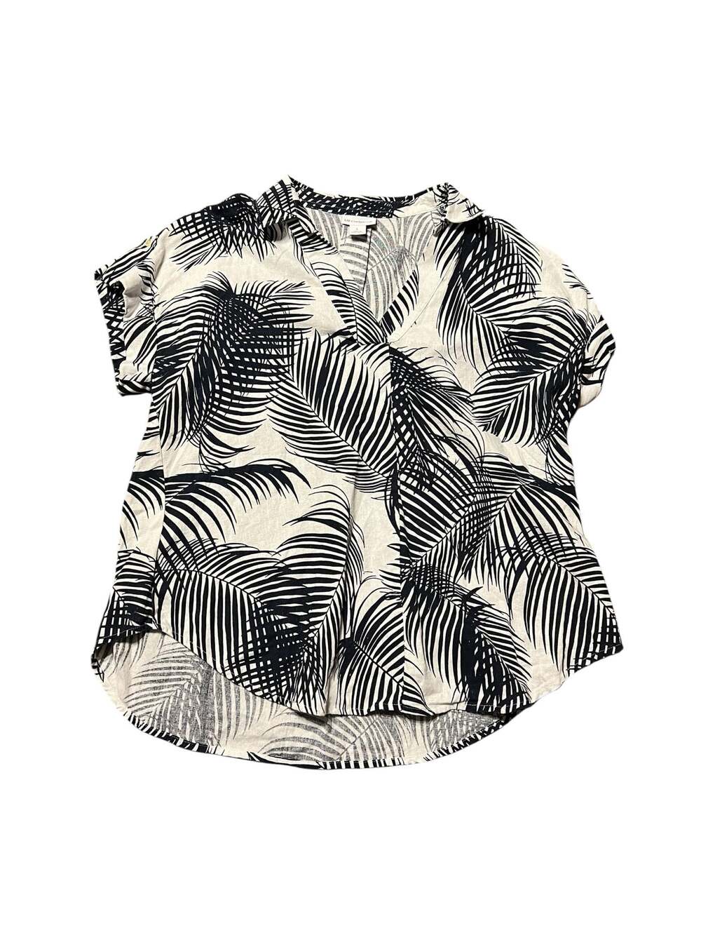 Liz Claiborne Women's Short Sleeve V-Neck Tropical Palm Print Linen Blend Blouse